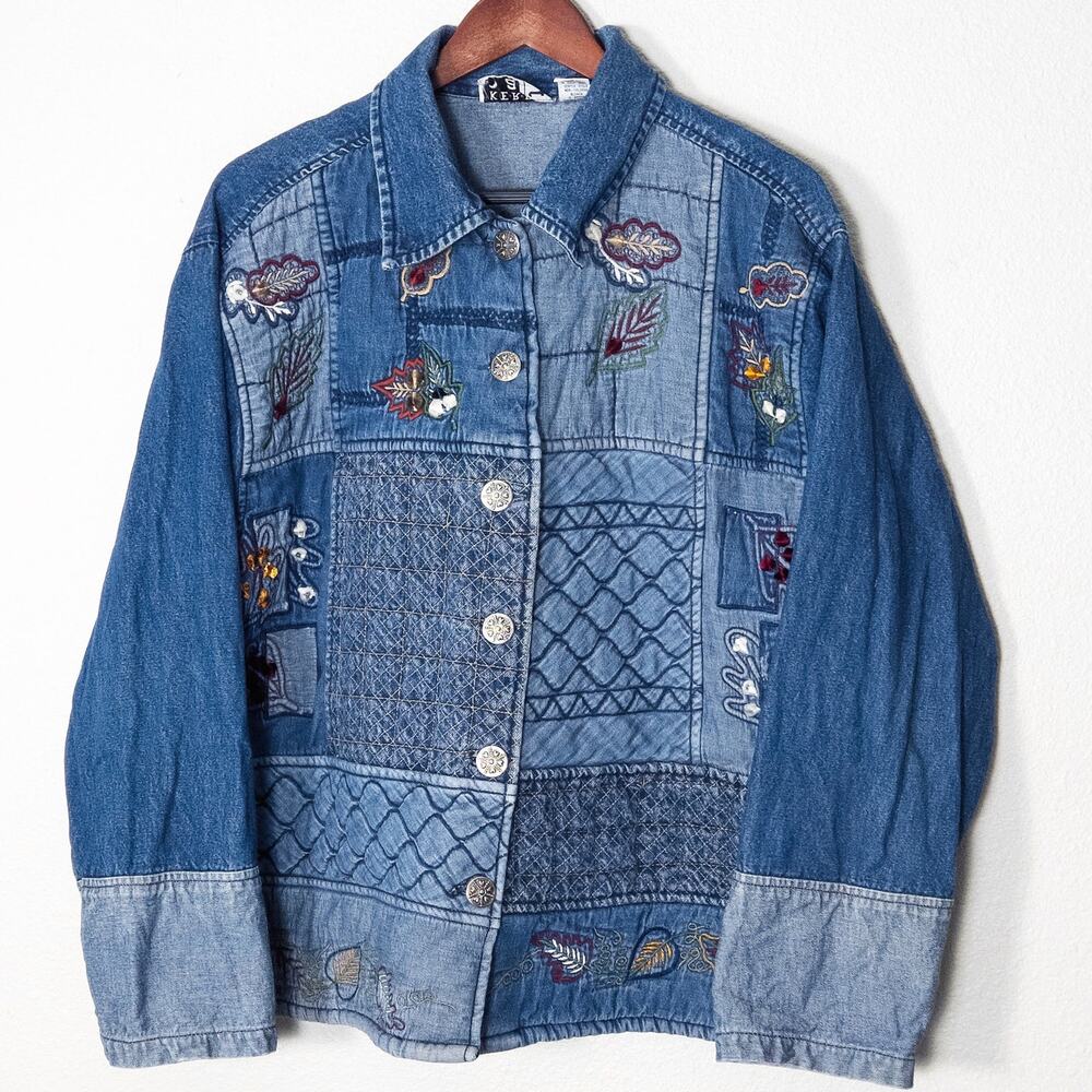 Keren Hart Blue Denim Jacket XL Embroidered Bird Patchwork Cottagecore